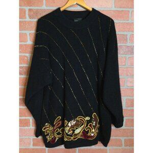 VTG Lady Angenie Women Sweater Lambswool Sequin Bead Embroidery Knit Black SZ 1X